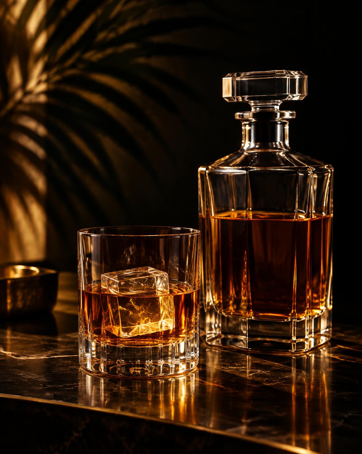 Whisky ambré dans un verre accompagné d’une carafe