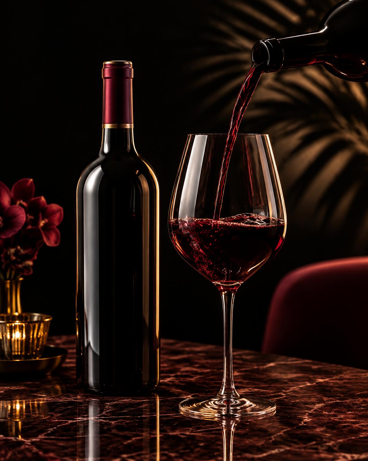 Vin rouge versé dans un verre sur un comptoir élégant
